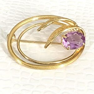RARE-Antique 14 Karat Yellow Gold Filled Filigree Amethyst Brooch